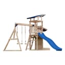 Aire de jeux toboggan, balançoire & mur de jeux, bois FSC, bleu